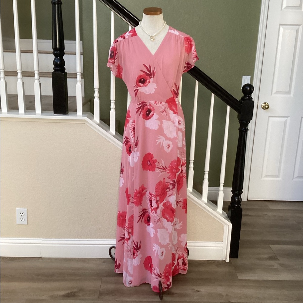 Eva Mendes Pink and White Flutter Sleeve Maxi Dress